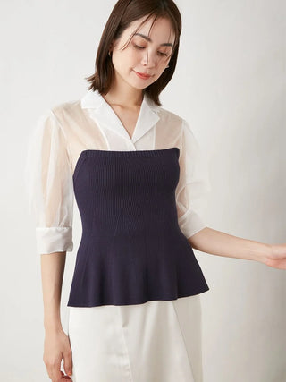 Knit Corset Sheer Sleeve Blouse in Navy, Premium Fashionable Women's Tops Collection at SNIDEL USA.