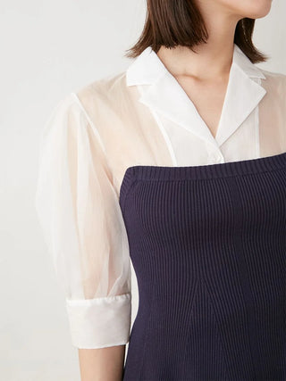Knit Corset Sheer Sleeve Blouse in Navy, Premium Fashionable Women's Tops Collection at SNIDEL USA.