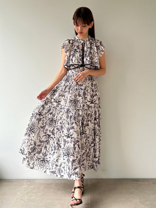 Pleated Floral Maxi Dress in navy, premium women's dress at SNIDEL USA