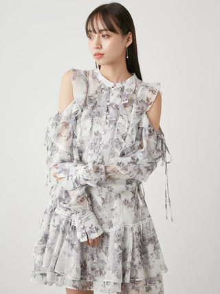 Floral Ruffle Tiered Mini Dress in Gray, Luxury Women's Dresses at SNIDEL USA.