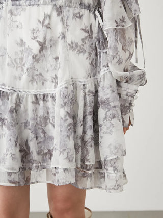 Floral Ruffle Tiered Mini Dress in Gray, Luxury Women's Dresses at SNIDEL USA.