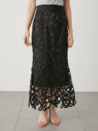 High Waisted Lace Cutout Maxi Skirt in Black, Premium Fashionable Women's Skirts & Skorts at SNIDEL USA.