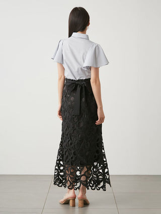 High Waisted Lace Cutout Maxi Skirt in Black, Premium Fashionable Women's Skirts & Skorts at SNIDEL USA.
