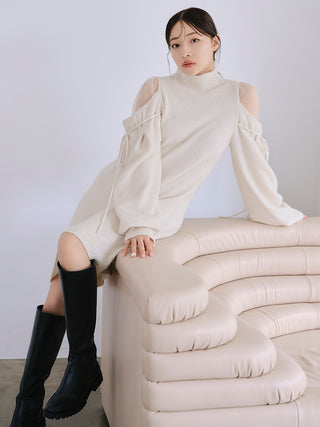 Cold-Shoulder Knit Mini Dress in ivory, Luxury Women's Dresses at SNIDEL USA.