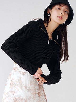 Long Sleeve Collared Ribbed Knit Crop Top in black,Premium Fashionable Women's Tops Collection at SNIDEL USA