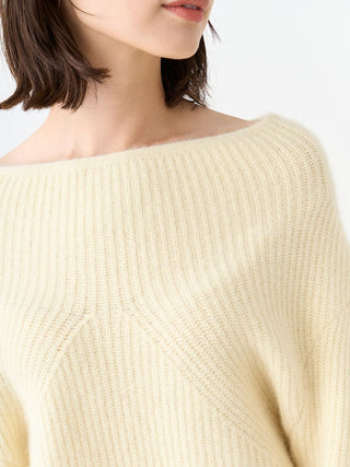 Fur-Like Ribbed Knit Boat Neck Sweater Pullover in yellow, Premium Women's Knitwear at SNIDEL USA.