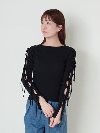 Bow Sleeve Knit Top in Black, Premium Fashionable Women's Tops Collection at SNIDEL USA.