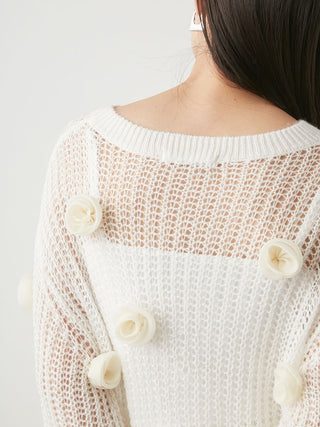 Flower Motif Open-Knit Cardigan in Ivory, Premium Women's Knitwear at SNIDEL USA.