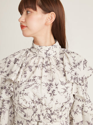  Frill Printed Floral Dress in navy, premium women's dress at SNIDEL USA