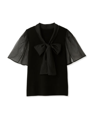  Bowtie Sheer Sleeve Knit Top in black, Premium Fashionable Women's Tops Collection at SNIDEL USA