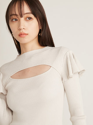 Decollete Open Pleated Knit Long Sleeve Top in ivory, Premium Fashionable Women's Tops Collection at SNIDEL USA