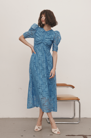  Sustainable Puff Sleeve Lace Dress in blue, premium women's dress at SNIDEL USA