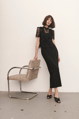 Sheer Frill Blouse in black, A Premium, Fashionable, and Trendy Women's Tops at SNIDEL USA
