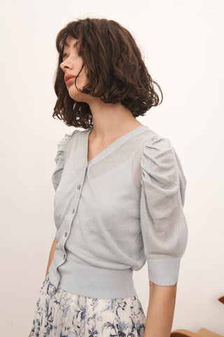 Lamé Sheer Puff Sleeves Cardigan in light blue, A Premium, Fashionable, and Trendy Women's Tops at SNIDEL USA