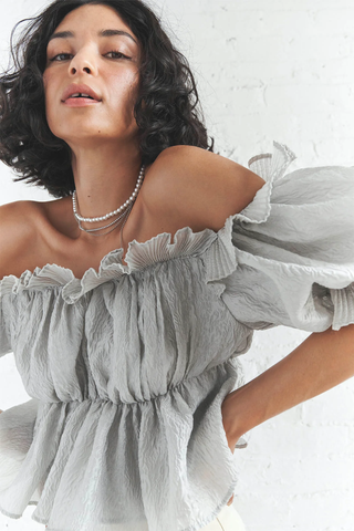 Jacquard Volume Gathered Off Shoulder Ruffle Blouse SNIDEL