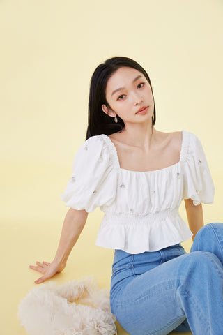 Embellished Puff Sleeve Crop Top in White at Premium Fashionable Women's Tops Collection at SNIDEL USA