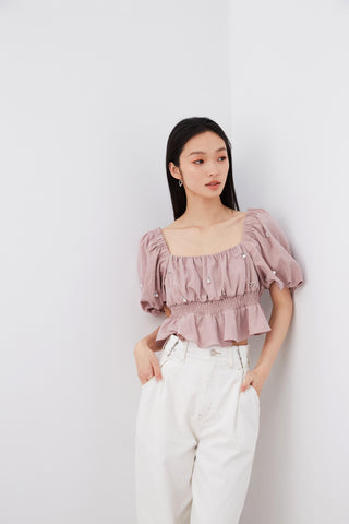 Embellished Puff Sleeve Crop Top in Pink at Premium Fashionable Women's Tops Collection at SNIDEL USA