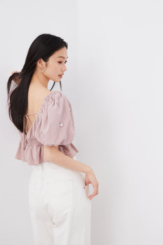 Embellished Puff Sleeve Crop Top in Pink at Premium Fashionable Women's Tops Collection at SNIDEL USA
