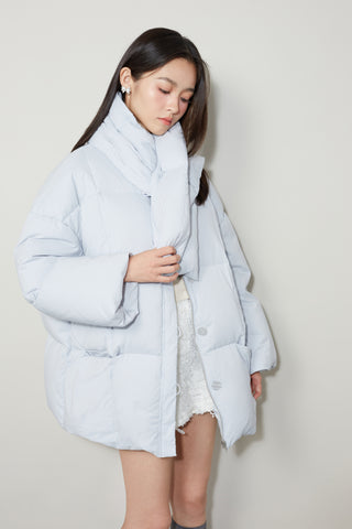 Scarf-Detail Down Coat in LIGHT BLUE, Premium Women's Outwear at SNIDEL USA.