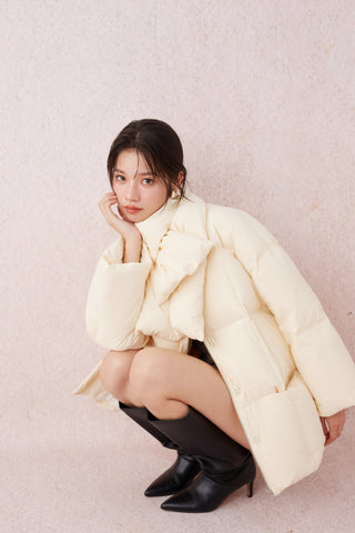 Scarf-Detail Down Coat in CREAM, Premium Women's Outwear at SNIDEL USA.