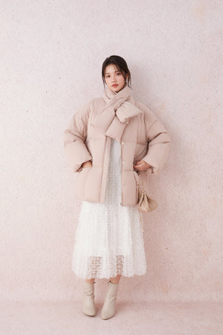 Scarf-Detail Down Coat in PINK, Premium Women's Outwear at SNIDEL USA.