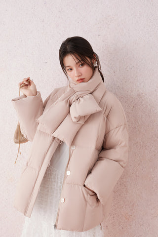 Scarf-Detail Down Coat in PINK, Premium Women's Outwear at SNIDEL USA.