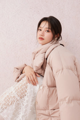 Scarf-Detail Down Coat in PINK, Premium Women's Outwear at SNIDEL USA.