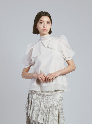  Organza See-Through Puff Sleeve Turtle Neck Blouse in off-white, A Premium, Fashionable, and Trendy Women's Tops at SNIDEL USA