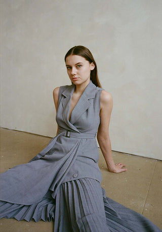 Asymmetrical Sleeveless Pleated Trench Dress in Charcoal Gray, Luxury Women's Dresses at SNIDEL USA.
