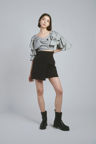  Tiered Ruffles Crop Blouse in mix, Premium Fashionable Women's Tops Collection at SNIDEL USA