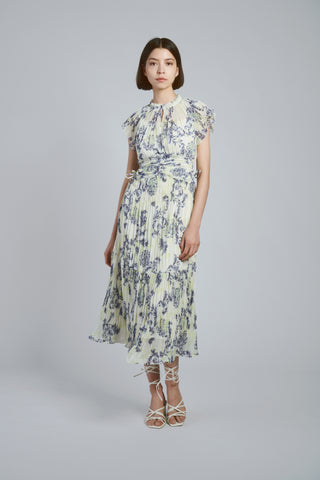 Pleated Ornament Floral Dress in blue, premium women's dress at SNIDEL USA
