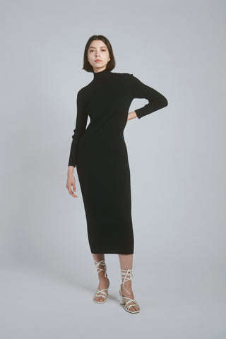 Sheer Top & Long Sleeve Turtle Neck Maxi Pencil Cut Dress Set in black, A premium Fashionable & Trendy Collection of Women's Knitwear at SNIDEL USA