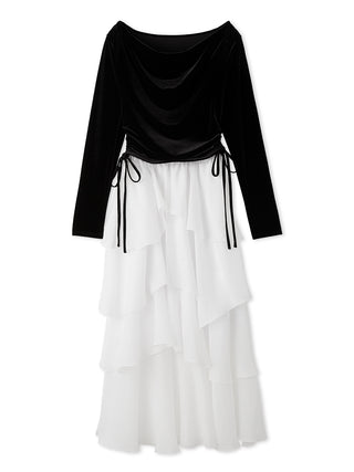 A long-sleeve midi dress with a black velvet draped bodice and a layered white tulle skirt, featuring black side-tie details at the waist.