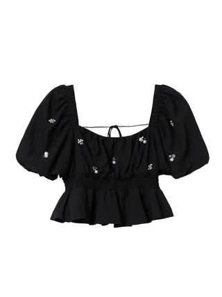 Embellished Puff Sleeve Crop Top in Black at Premium Fashionable Women's Tops Collection at SNIDEL USA
