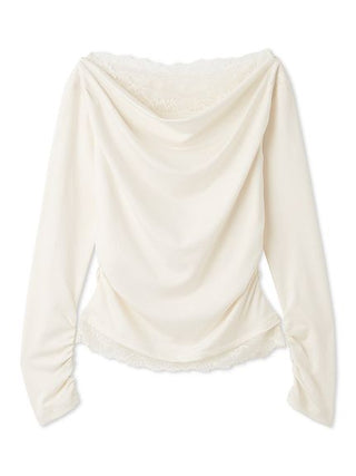 An off-white long-sleeve top with a draped cowl neckline, gathered side details, and delicate lace trim at the collar and hem, shown against a plain white background.