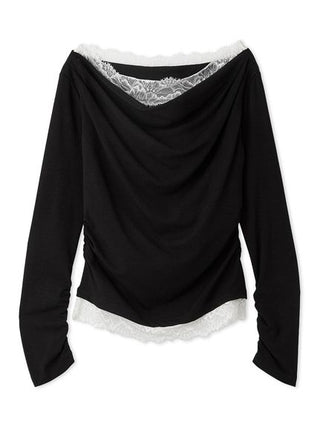 A black long-sleeve draped top with white lace trim along the neckline and hem, displayed against a plain white background.