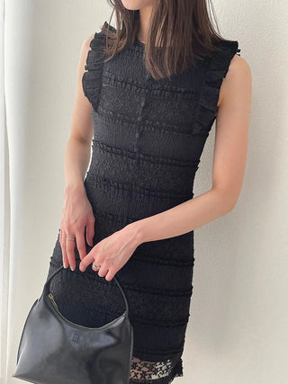 Lace Trim Sleeveless Mini Dress with Ruffle Detail in Black at Luxury Women's Dresses at SNIDEL USA