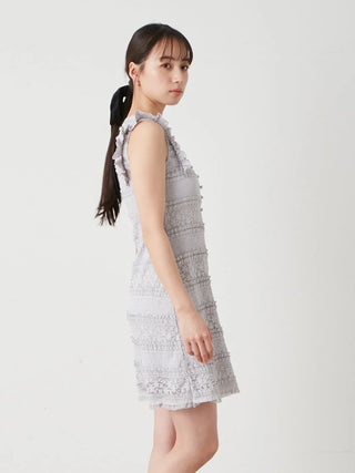 Lace Trim Sleeveless Mini Dress with Ruffle Detail in Light Blue at Luxury Women's Dresses at SNIDEL USA
