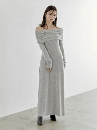 Brushed Off Shoulder Maxi Sweater Dress in Gray Beige, Luxury Women's Dresses at SNIDEL USA