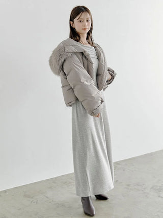 Brushed Off Shoulder Maxi Sweater Dress in Gray Beige, Luxury Women's Dresses at SNIDEL USA