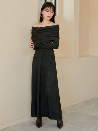 Brushed Off Shoulder Maxi Sweater Dress in Black, Luxury Women's Dresses at SNIDEL USA