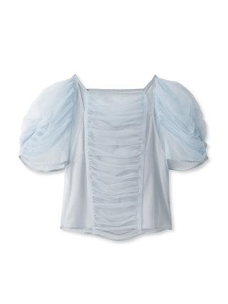 Gathered Puff Sleeve Top in Light Blue, Premium Fashionable Women's Tops Collection at SNIDEL USA.