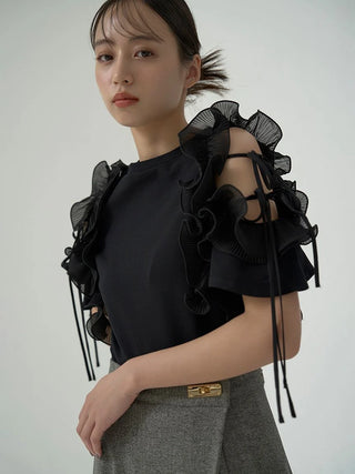 Pleated Ruffle Sleeve Top in BLACK, Premium Fashionable Women's Tops Collection at SNIDEL USA.