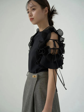 Pleated Ruffle Sleeve Top in BLACK, Premium Fashionable Women's Tops Collection at SNIDEL USA.