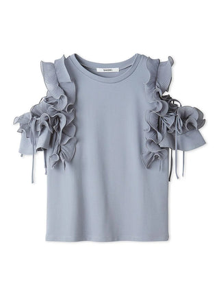 Pleated Ruffle Sleeve Top in BLUE, Premium Fashionable Women's Tops Collection at SNIDEL USA.