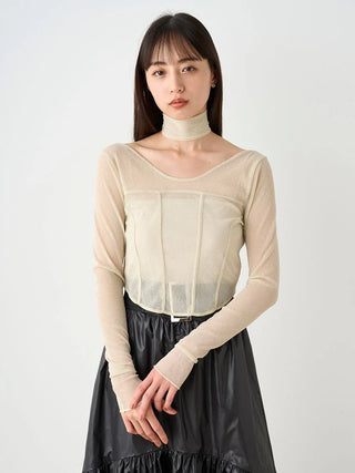 Sheer Long Sleeve Choker Corset Top in Ivory, Premium Fashionable Women's Tops Collection at SNIDEL USA