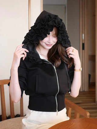 Ruffle Detail Zip-Up Hoodie