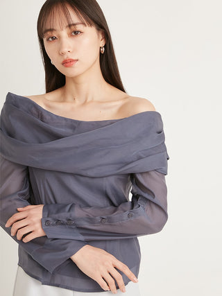  Sheer Off Shoulder Blouse in dark navy, A Premium, Fashionable, and Trendy Women's Tops at SNIDEL USA