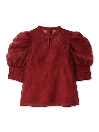  Oriental Puff Sleeve Lace Blouses in red, A Premium, Fashionable, and Trendy Women's Tops at SNIDEL USA