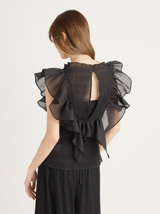 Sustainable Shirred Sheer Sleeveless Blouse in black, A Premium, Fashionable, and Trendy Women's Tops at SNIDEL USA